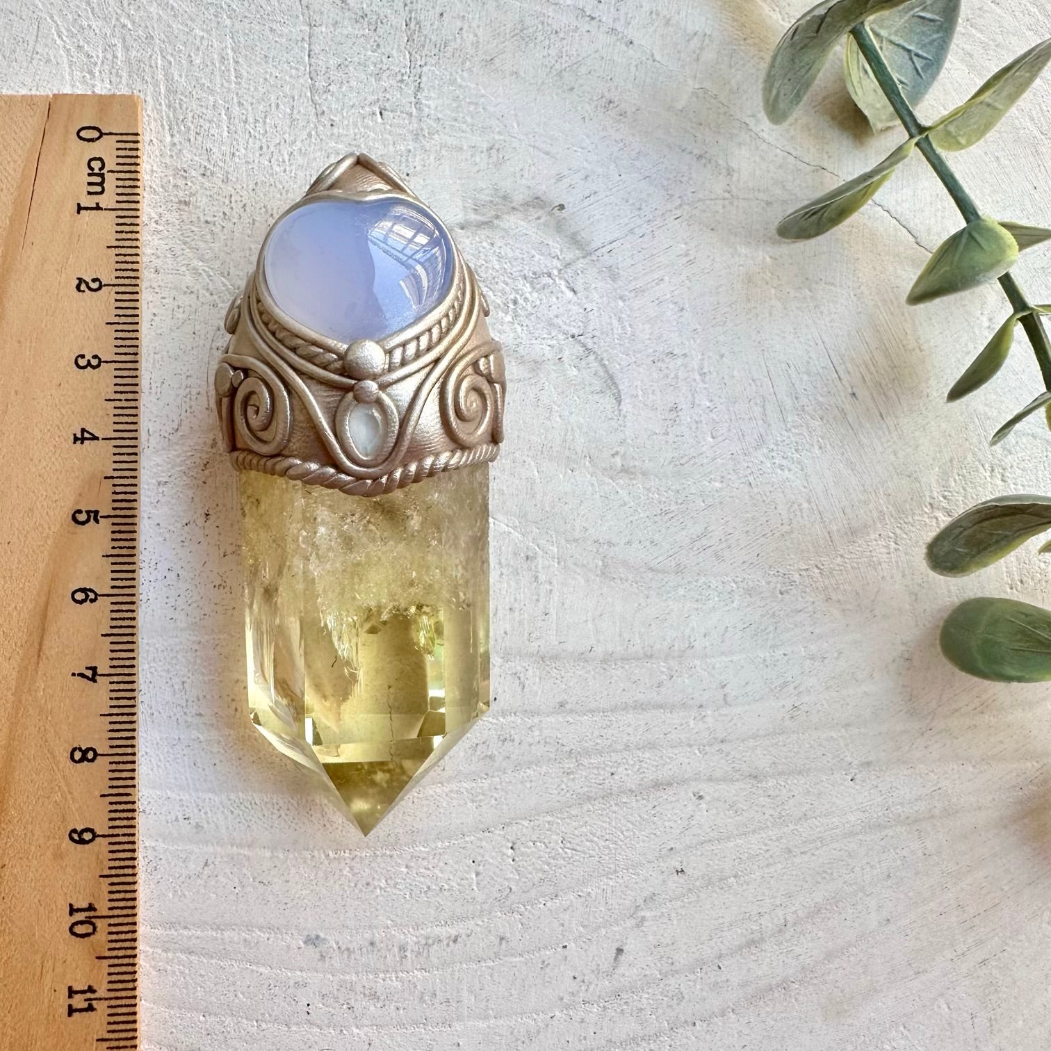 Crystal wand necklace with citrine blue chalcedony and blue topaz healing crystals