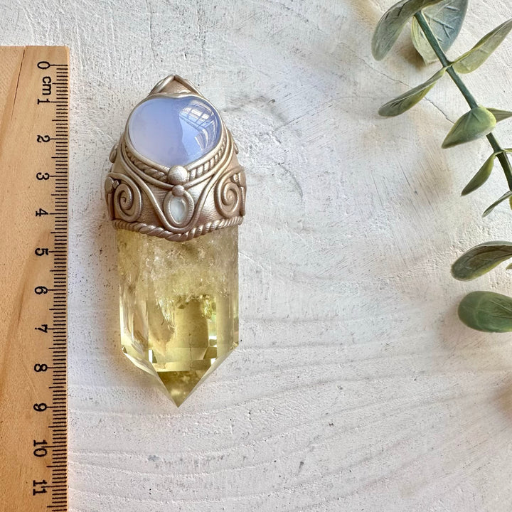 Crystal wand necklace with citrine blue chalcedony and blue topaz healing crystals