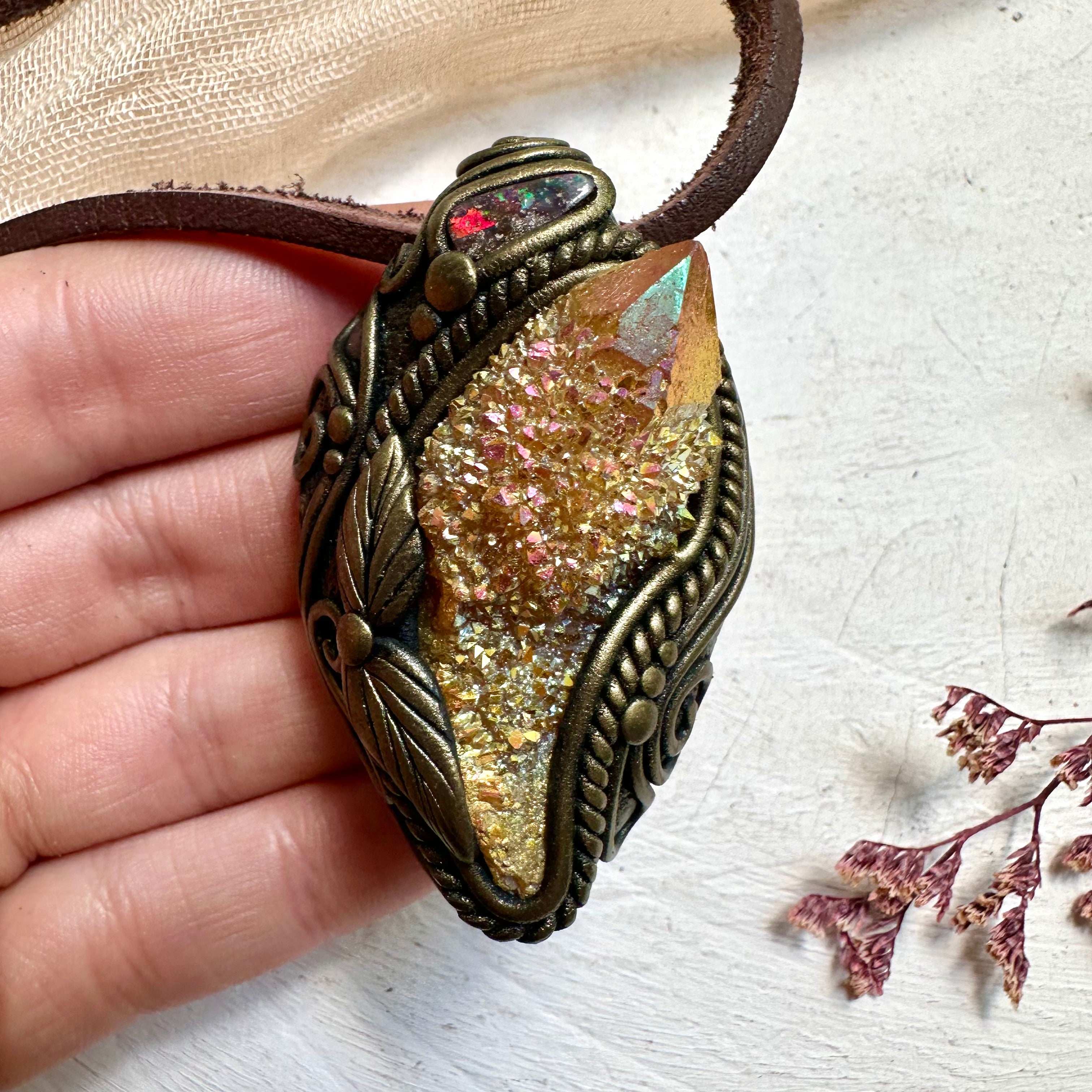 Sunset Aura Spirit Quartz and Boulder Opal Necklace - FairyGardenGlow