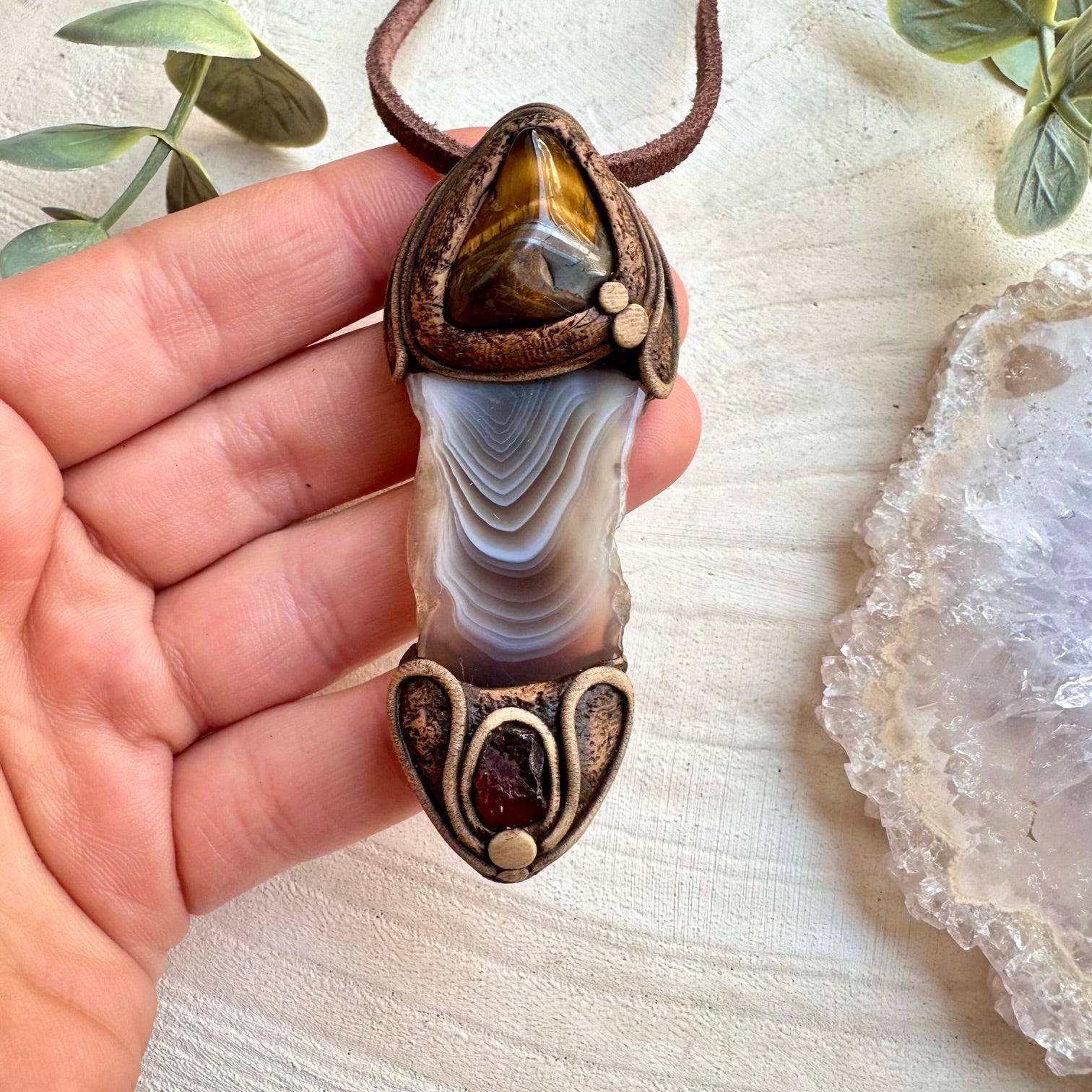 Botswana Agate Tigers Eye and Red Garnet Pendant, Crystal Unisex Necklace