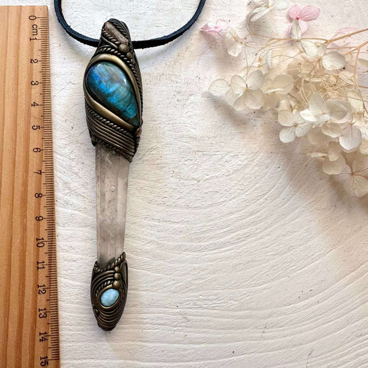 Lemurian Seed Quartz Labradorite Larimar and Imperial Topaz Crystal Wand / Pendant - FairyGardenGlow