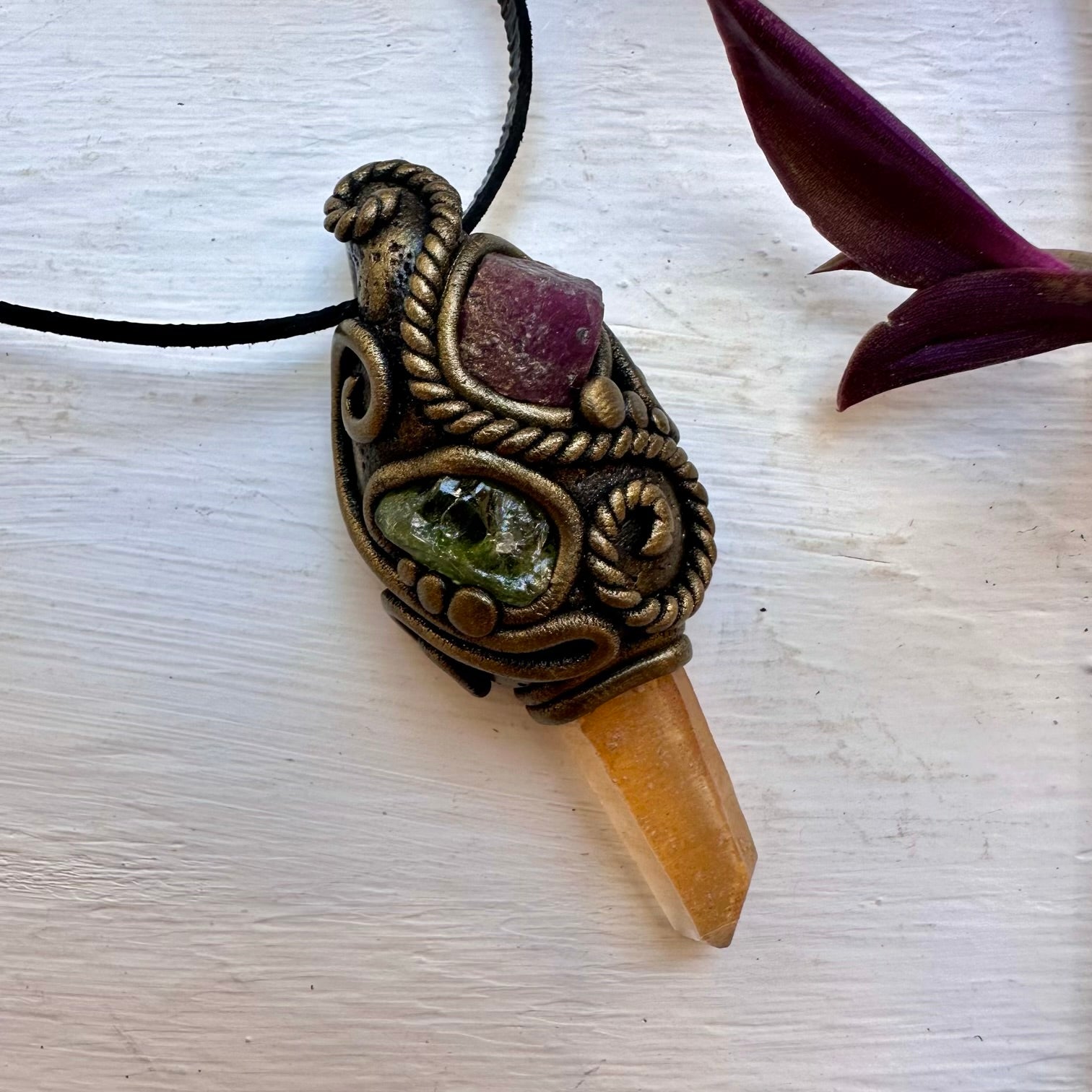 Tangerine Aura Quartz Peridot and Ruby Necklace - FairyGardenGlow