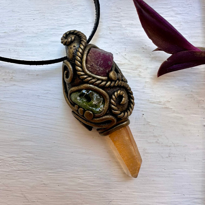 Tangerine Aura Quartz Peridot and Ruby Necklace - FairyGardenGlow