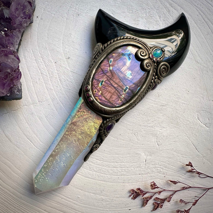 Large Angel Aura Quartz Black Obsidian Moon Labradorite Australian Opal Amethyst and Ruby Wand - FairyGardenGlow