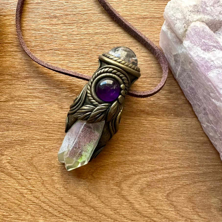Angel Aura Quartz Clear Quartz Sphere and Amethyst Healing Crystal Talisman / Mini Crystal Wand - FairyGardenGlow