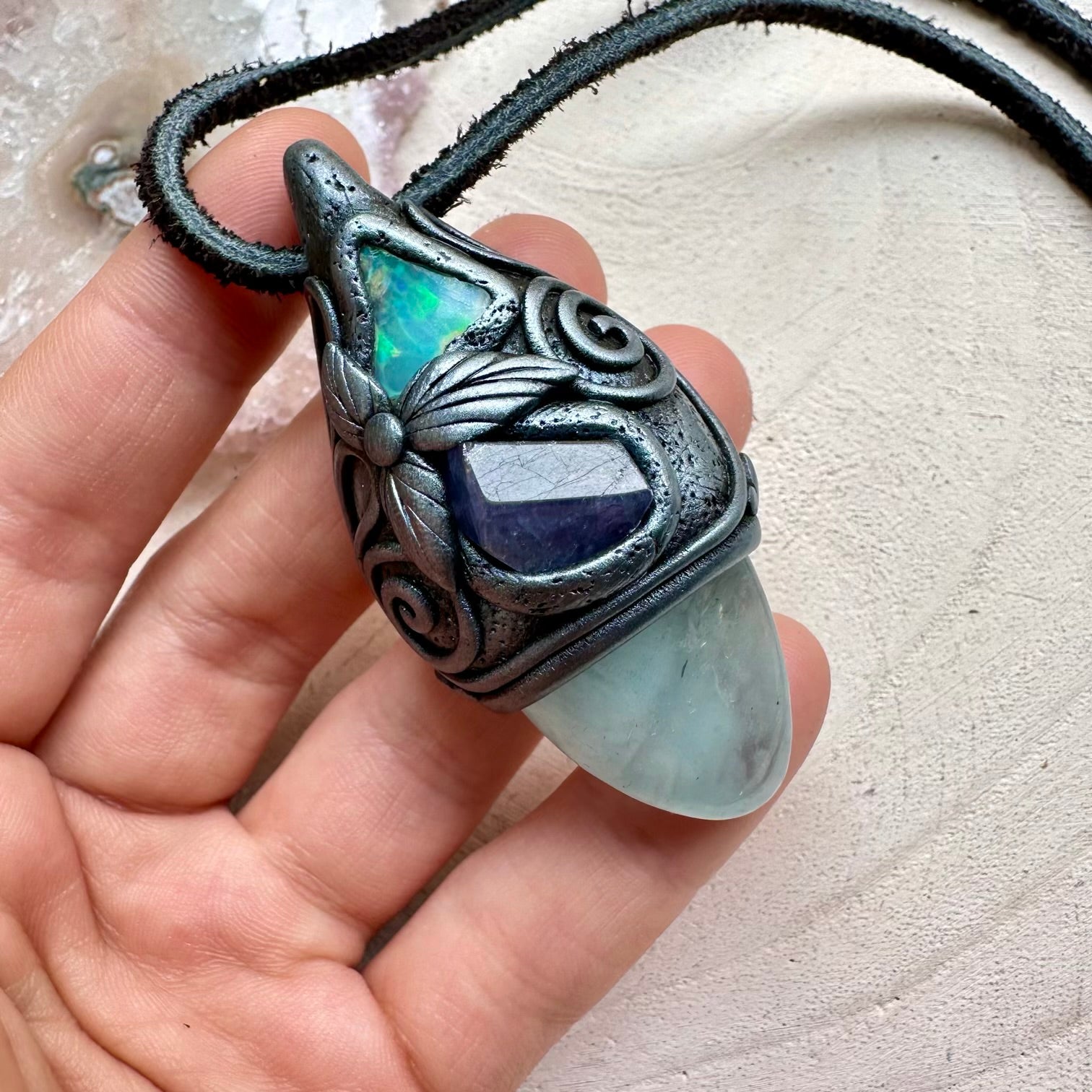 Aquamarine Tanzanite and Raw Ethiopian Opal Handmade Protection Necklace