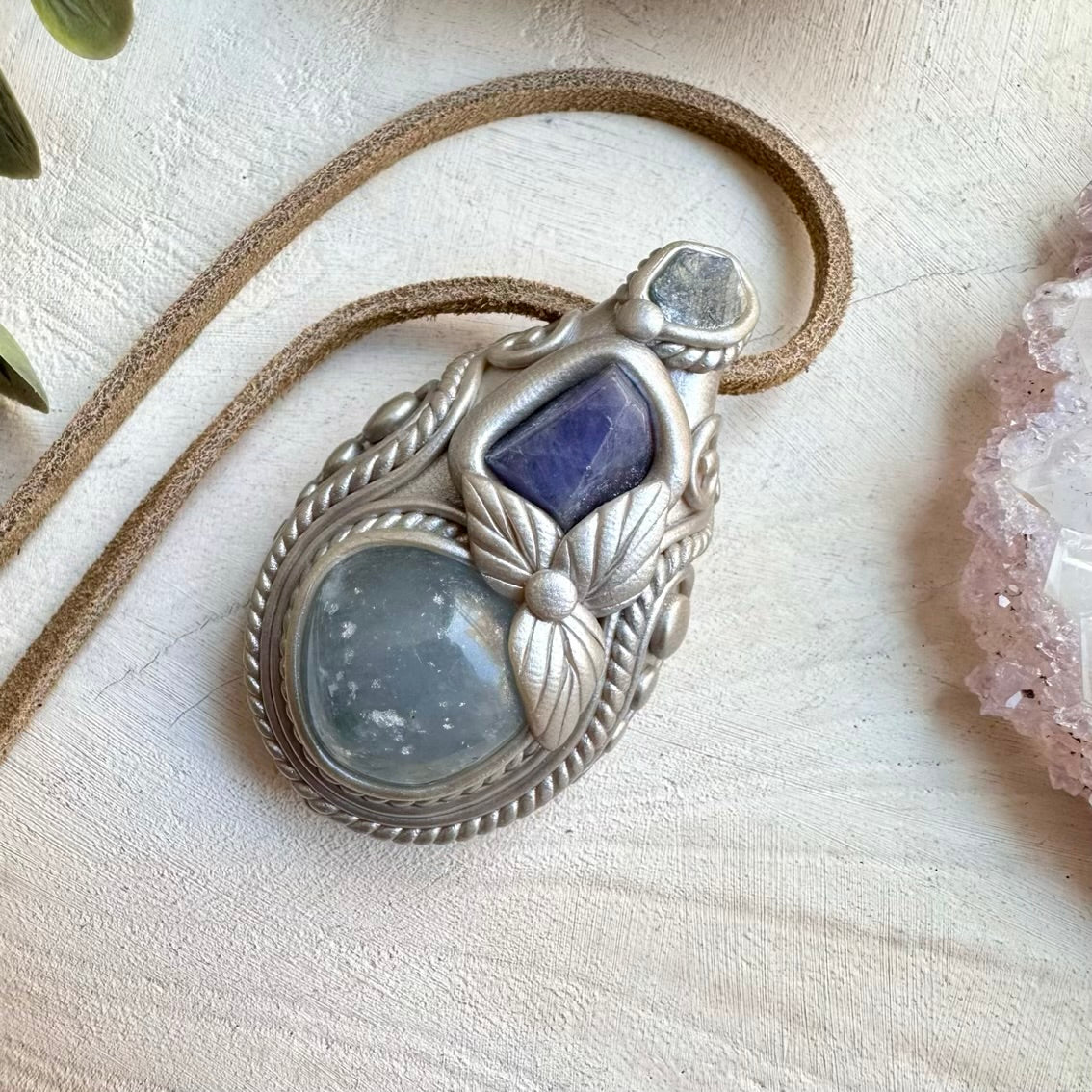 Celestite with Tanzanite and Raw Blue Sapphire Pendant Necklace