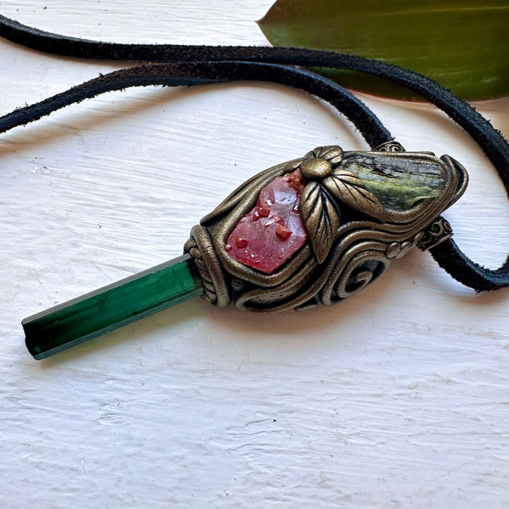 Blue-Green Tourmaline Vanadinite and Moldavite Necklace, Healing Crystal Jewelry - FairyGardenGlow