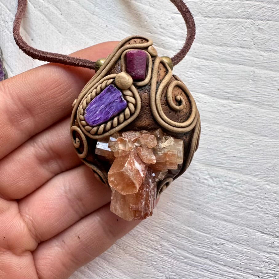 Aragonite Charoite and Ruby Necklace, Handmade Crystal Jewelry
