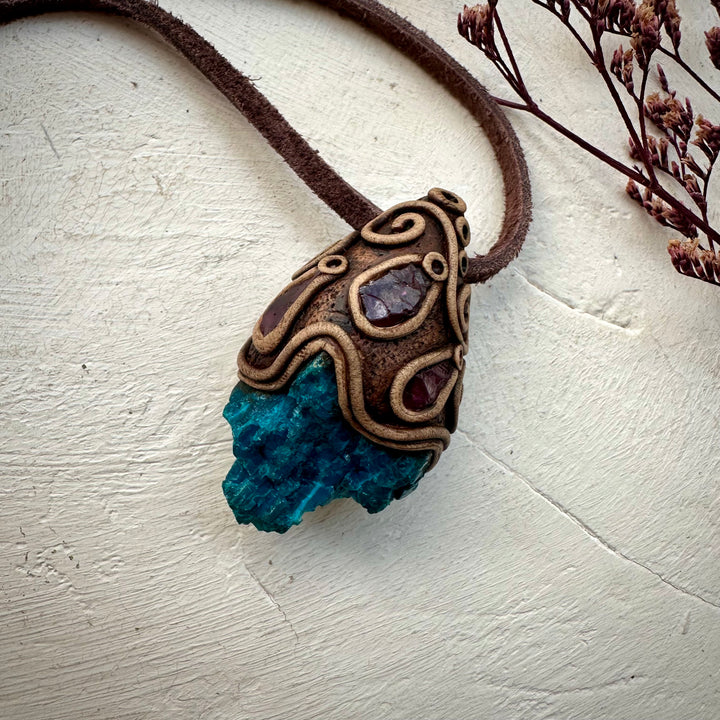 Raw Chrysocolla and Rhdololite Garnet Pendant Necklace - FairyGardenGlow