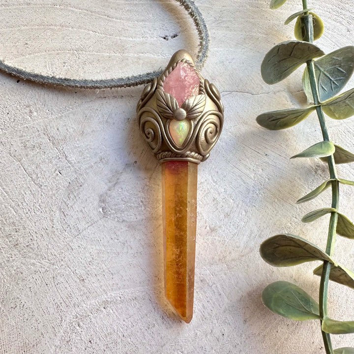 One of a kind healing crystal jewelry piece combining luminous Aura Quartz with delicate Raw Morganite and glowing Ethiopian Opal.