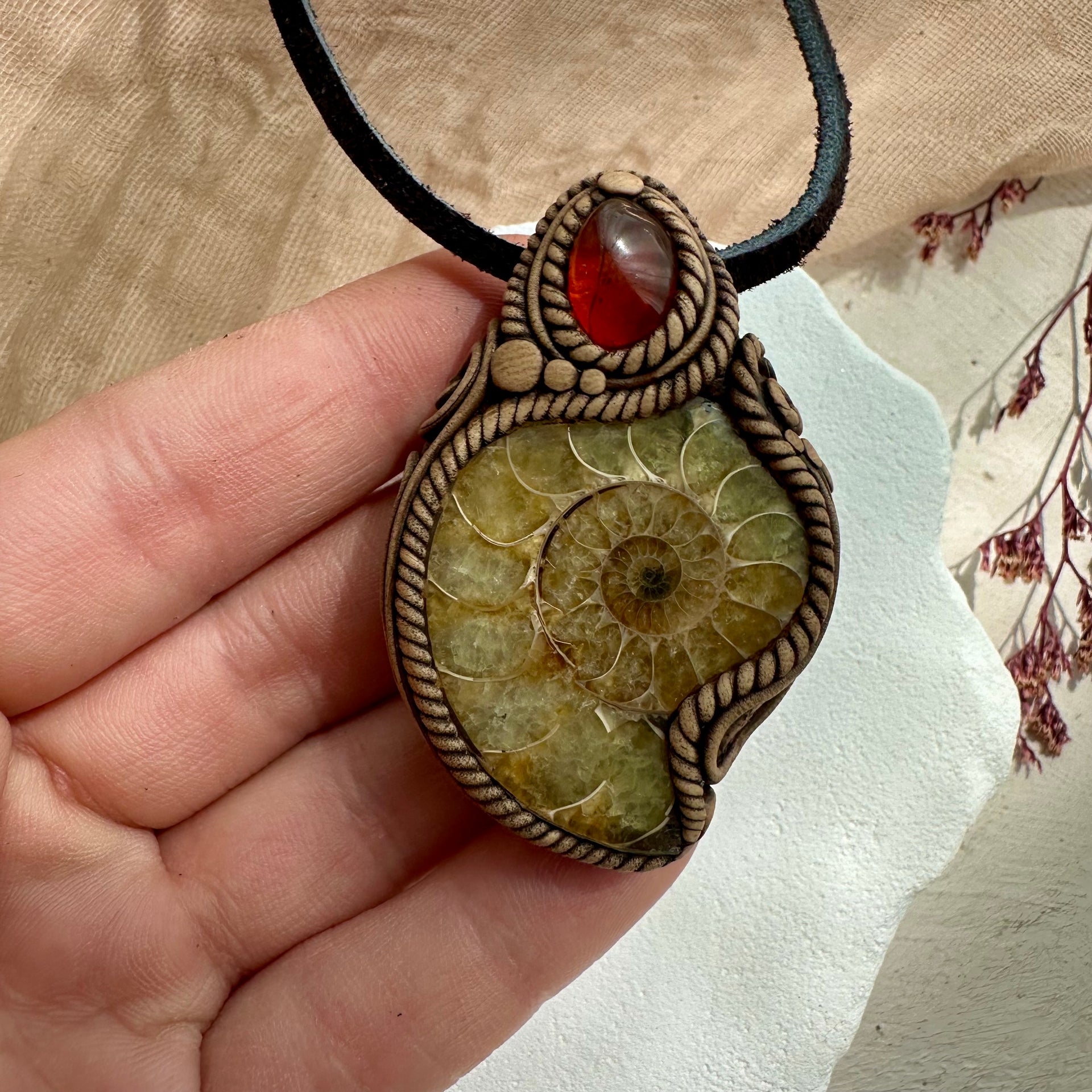 Ammonite and Baltic Amber Pendant