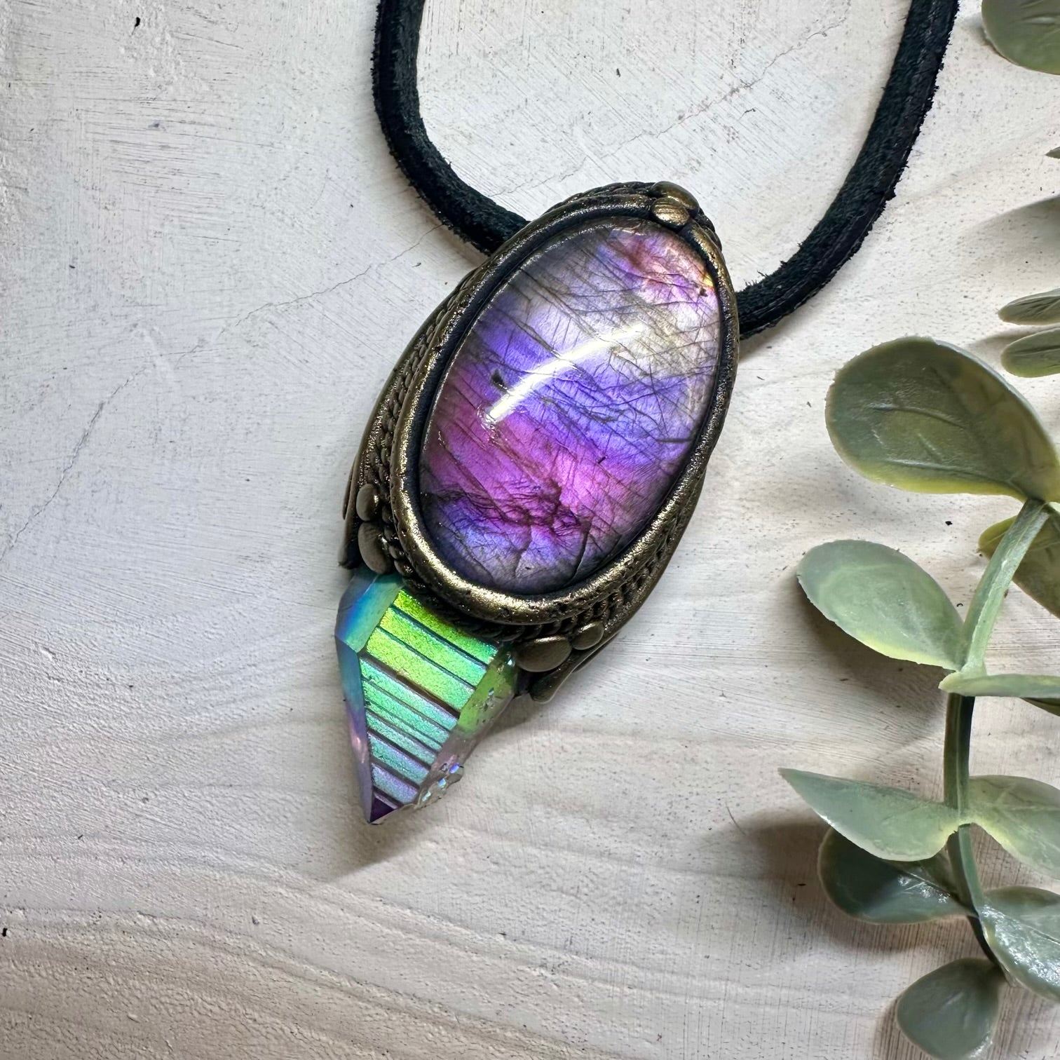 Artisan made gemstone necklace with angel aura quartz and labradorite