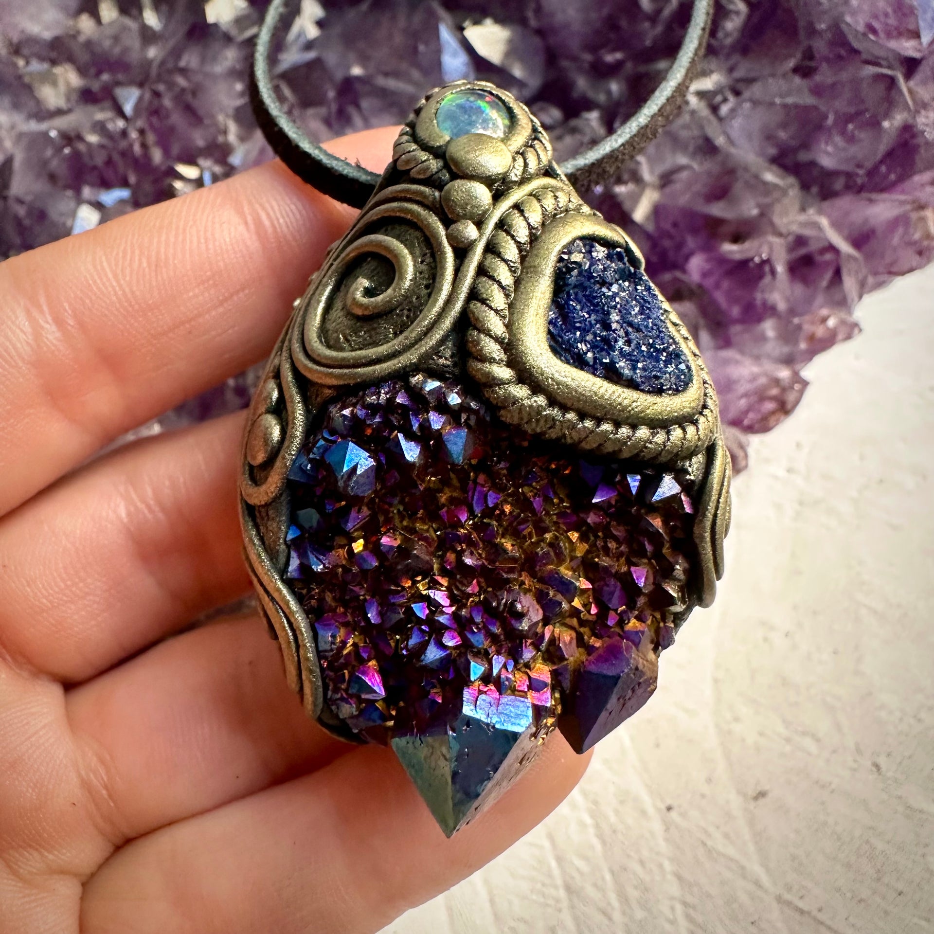 Cobalt Aura Spirit Quartz Azurite and Black Australian Opal Pendant Necklace