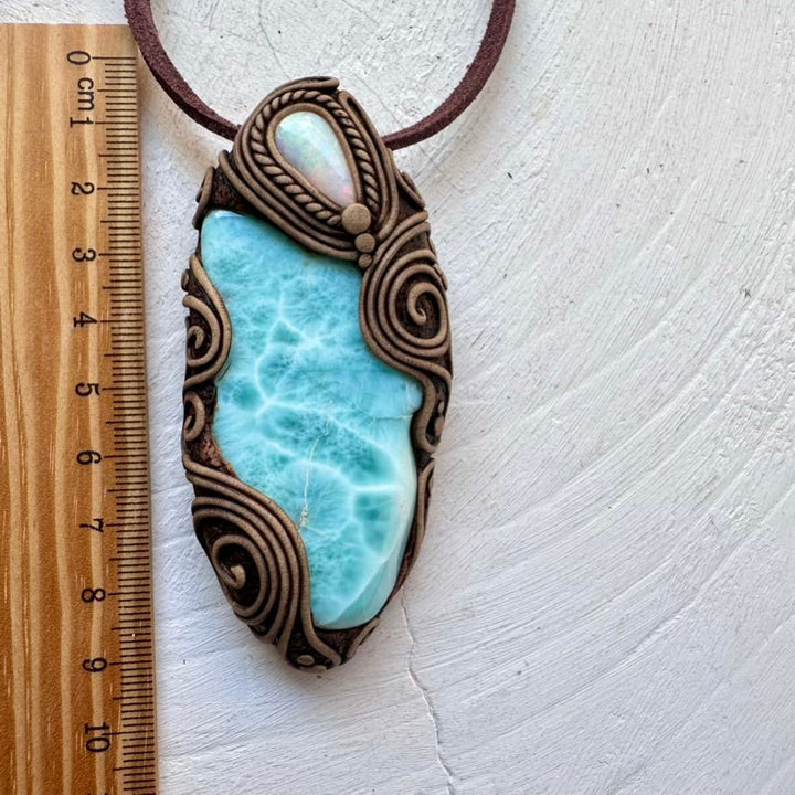 Large Larimar and Australian Opal Pendant Necklace, Healing Crystal Jewelry FairyGardenGlow