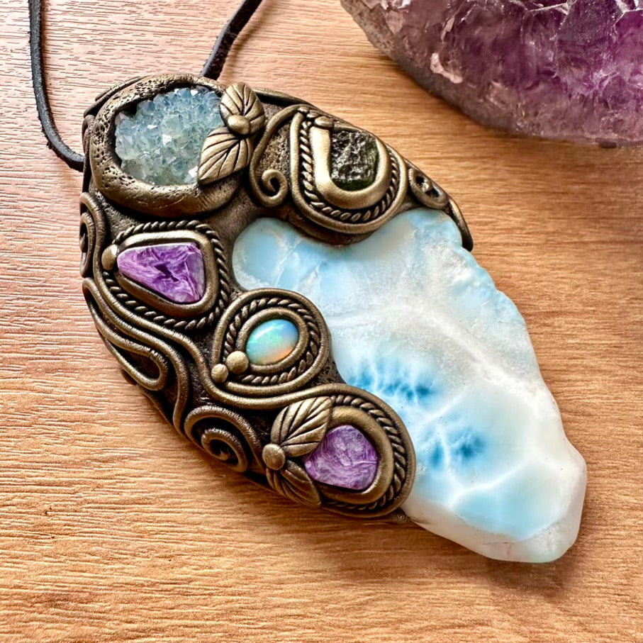 Large Larimar, Aqua Aura Quartz Cluster, Charoite, Australian Opal and Moldavite Healing Crystal Talisman – Spiritual Jewelry for Meditation & Energy Work - FairyGardenGlow