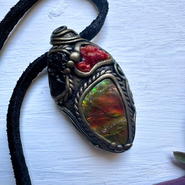 Ammolite Vanadinite Moldavite Necklace - FairyGardenGlow