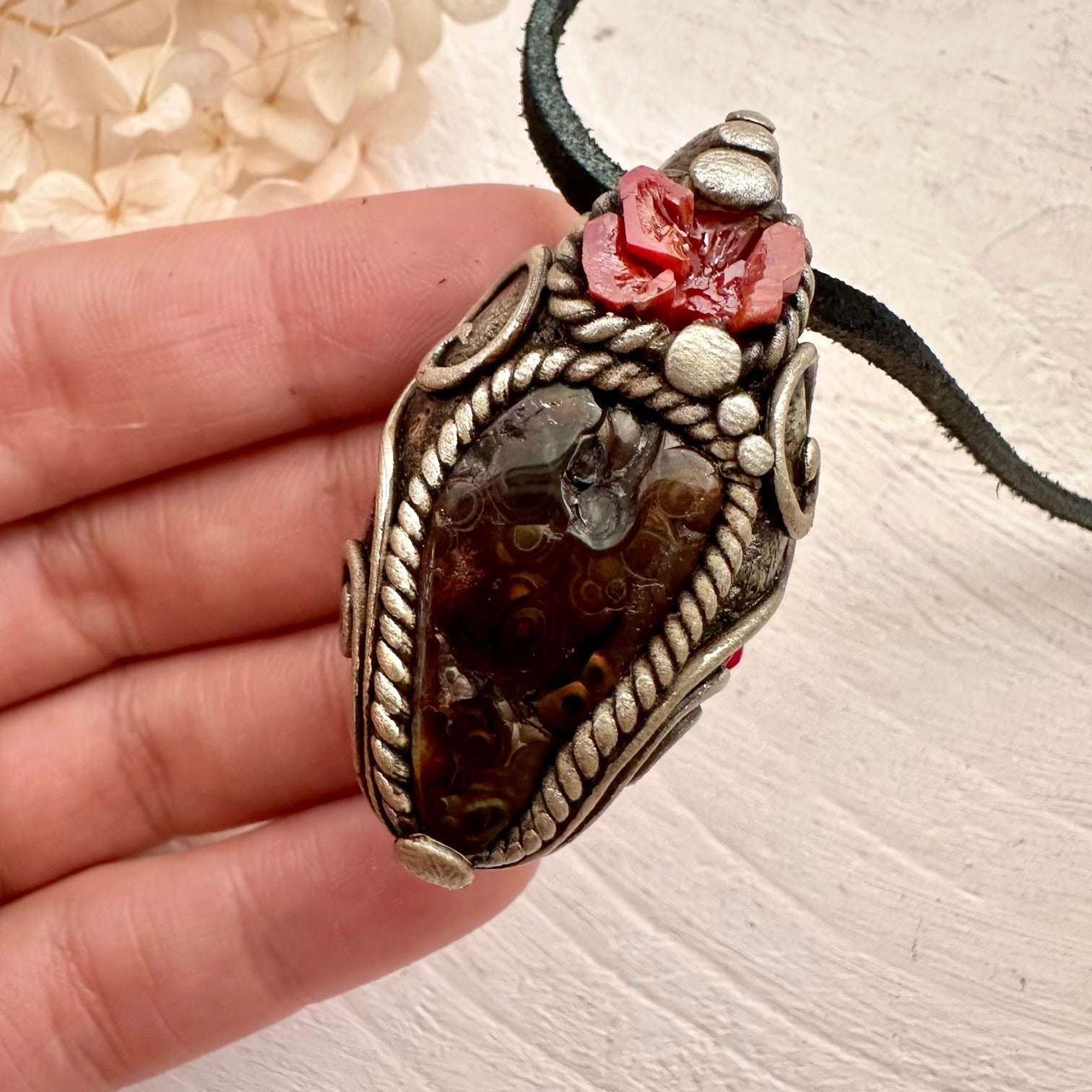 Fire Agate and Vanadinite Pendant, Handmade Crystal Jewelry - FairyGardenGlow