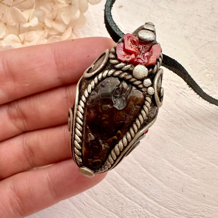 Fire Agate and Vanadinite Pendant, Handmade Crystal Jewelry - FairyGardenGlow