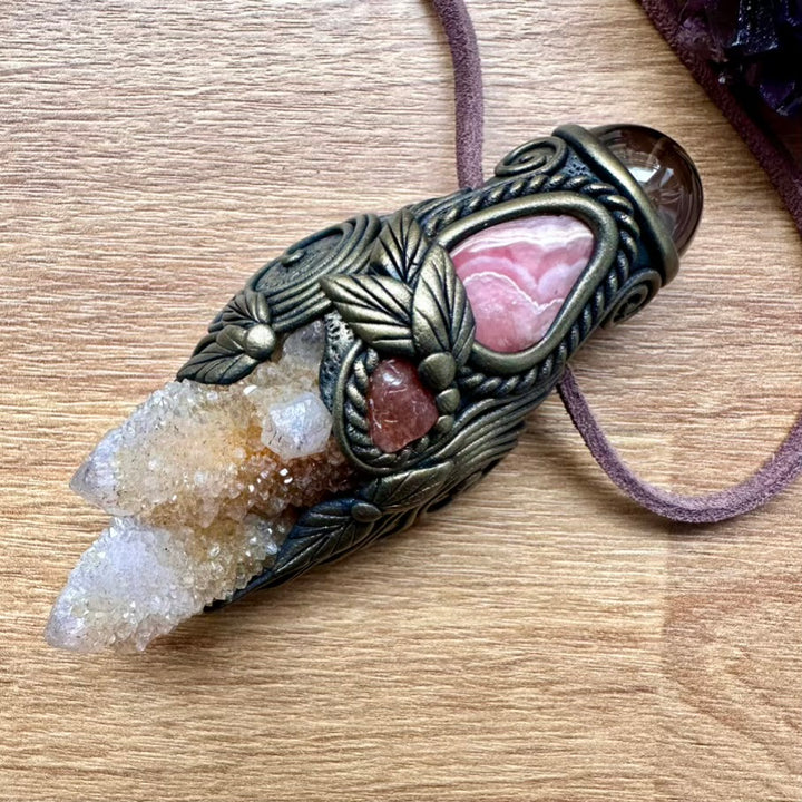 Spirit Quartz Smoky Quartz Rhodochroiste and Sunstone Crystal Talisman / Handmade Gemstone Wand-Pendant - FairyGardenGlow