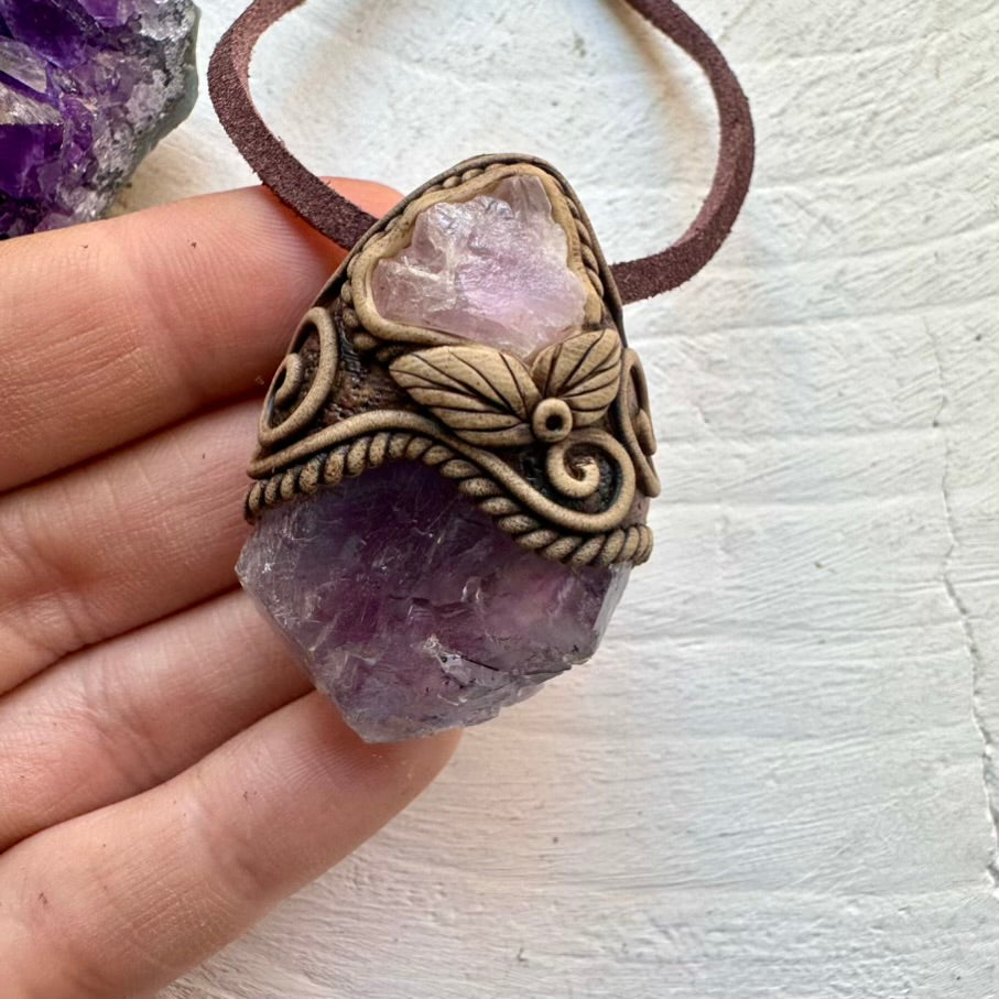 Raw Purple-Blue Fluorite and Crystallized Rose Quartz Necklace