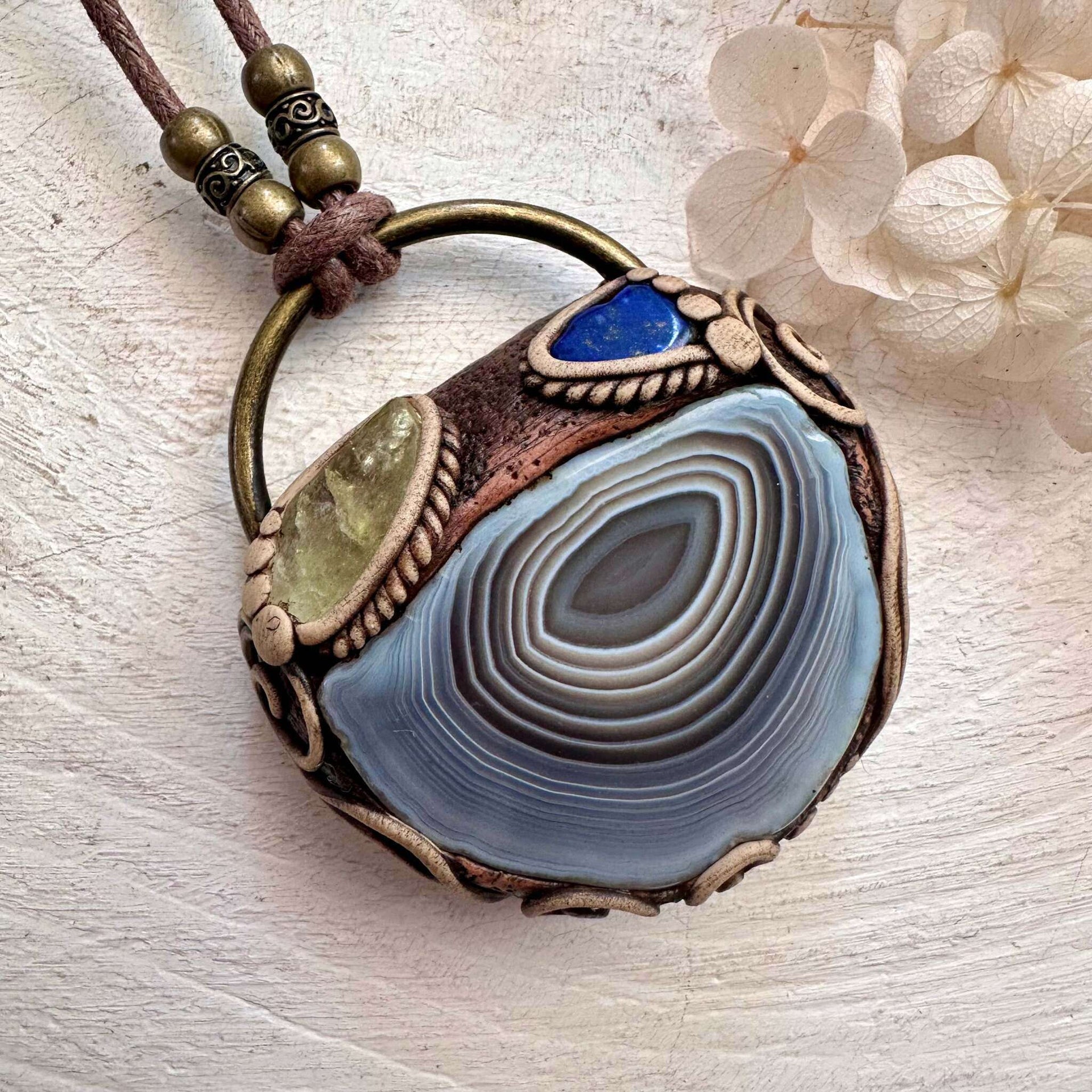 Botswana Agate Brazilianite and Lapis Lazuli Pendant Necklace - FairyGardenGlow