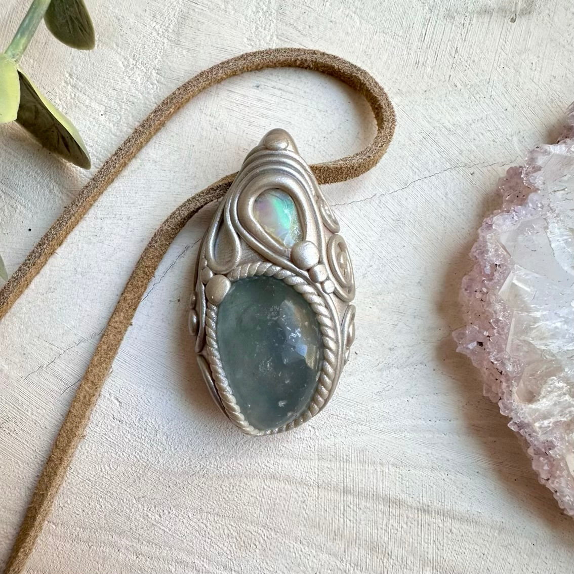 Celestite and Raw Ethiopian Opal Pendant, Handmade Crystal Necklace