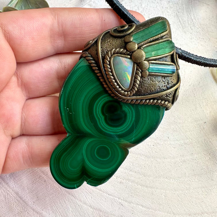 Spiritual jewelry combining malachite tourmaline and opal