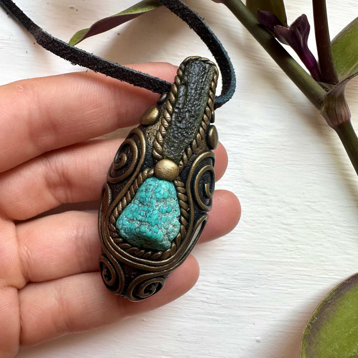 Turquoise and Moldavite Pendant Necklace - FairyGardenGlow