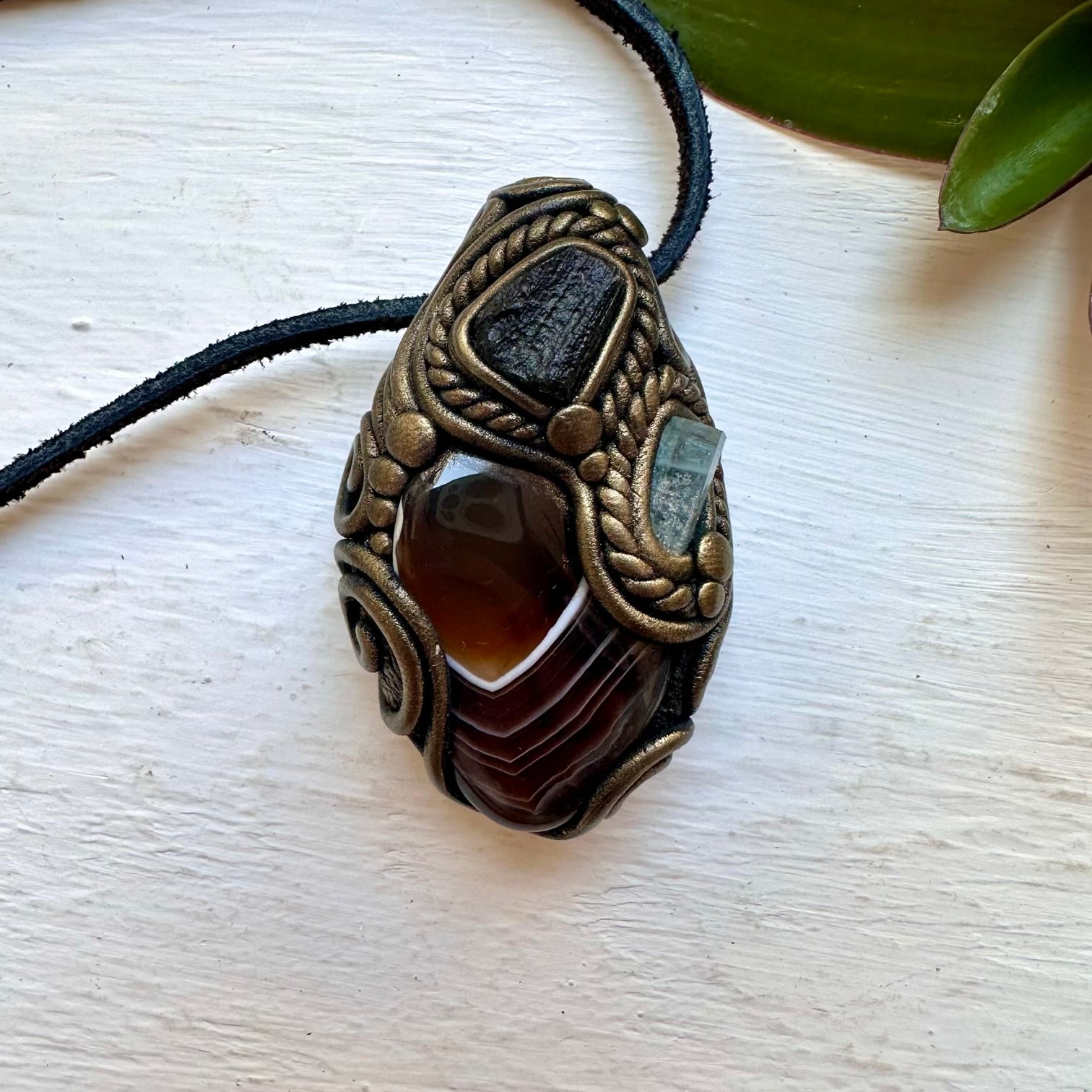 Botswana Agate Aquamarine and Moldavite Necklace, Handmade Crystal Jewelry - FairyGardenGlow
