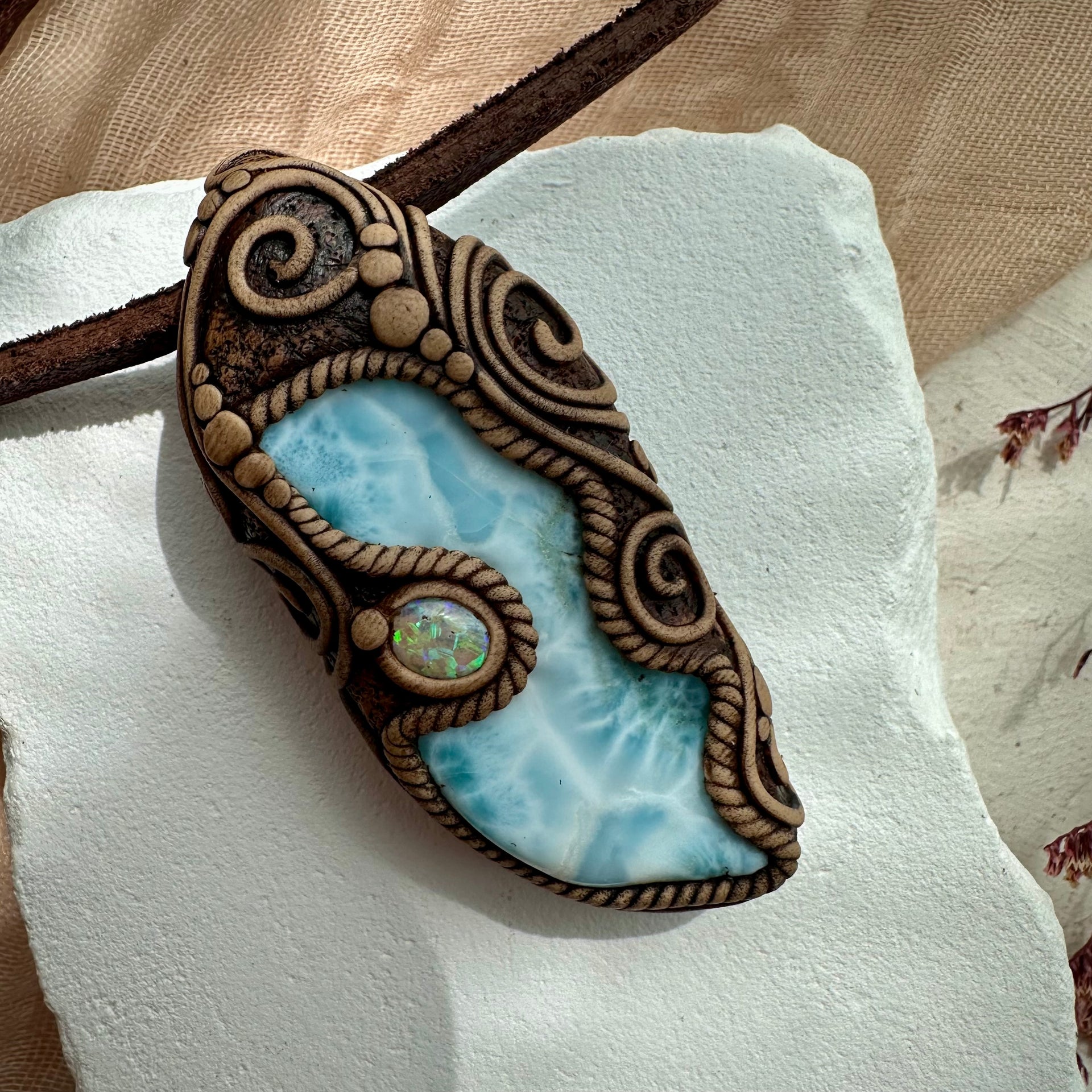Large Larimar and Australian Opal Pendant Necklace