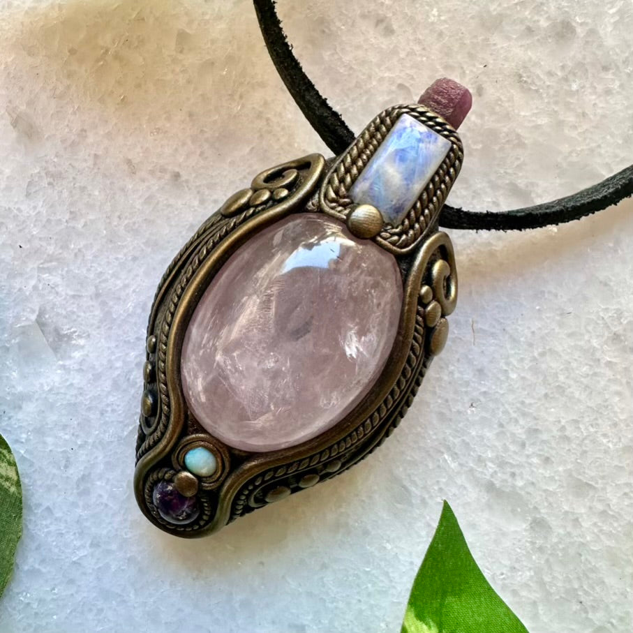 Rose Quartz Amethyst Rainbow Moonstone Ruby and Australian Opal Pendant, Healing Crystal Talisman - FairyGardenGlow