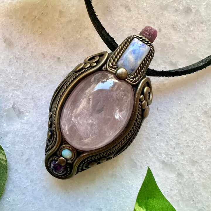 Rose Quartz Amethyst Rainbow Moonstone Ruby and Australian Opal Pendant, Healing Crystal Talisman - FairyGardenGlow