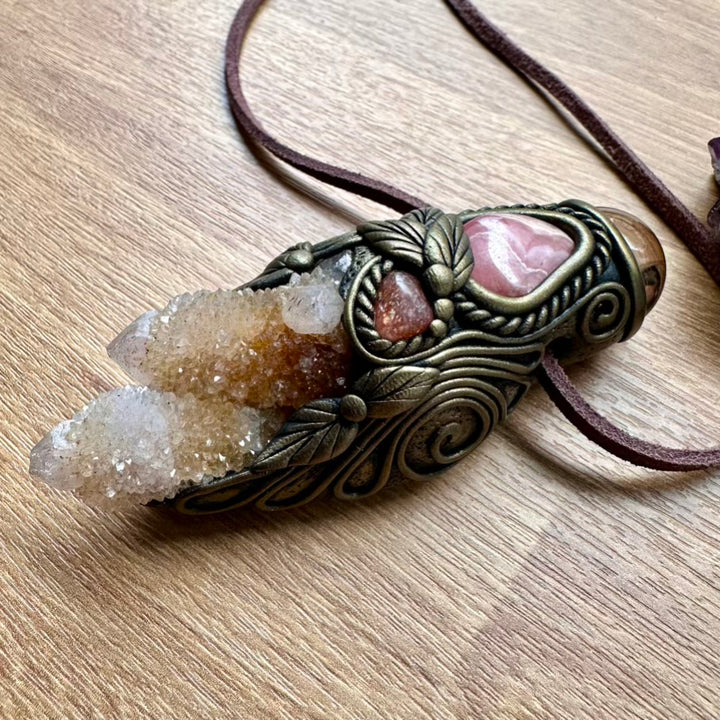 Spirit Quartz Smoky Quartz Rhodochroiste and Sunstone Crystal Talisman / Handmade Gemstone Wand-Pendant - FairyGardenGlow
