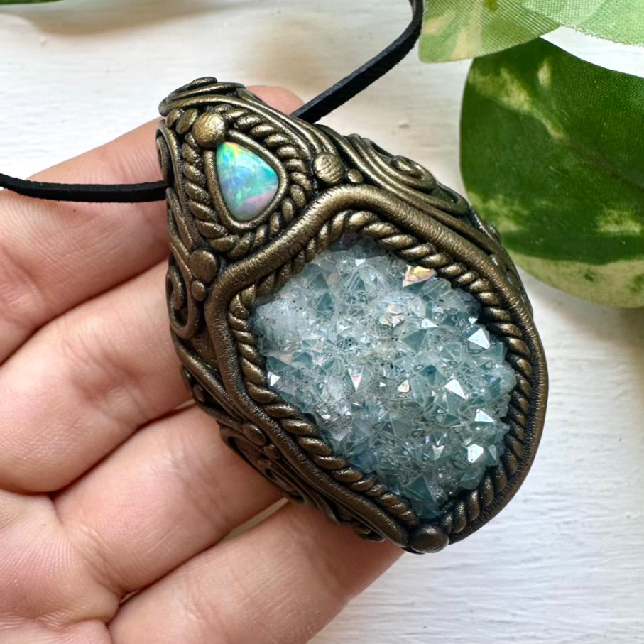 Aqua Aura Quartz Cluster and Australian Opal Necklace - FairyGardenGlow