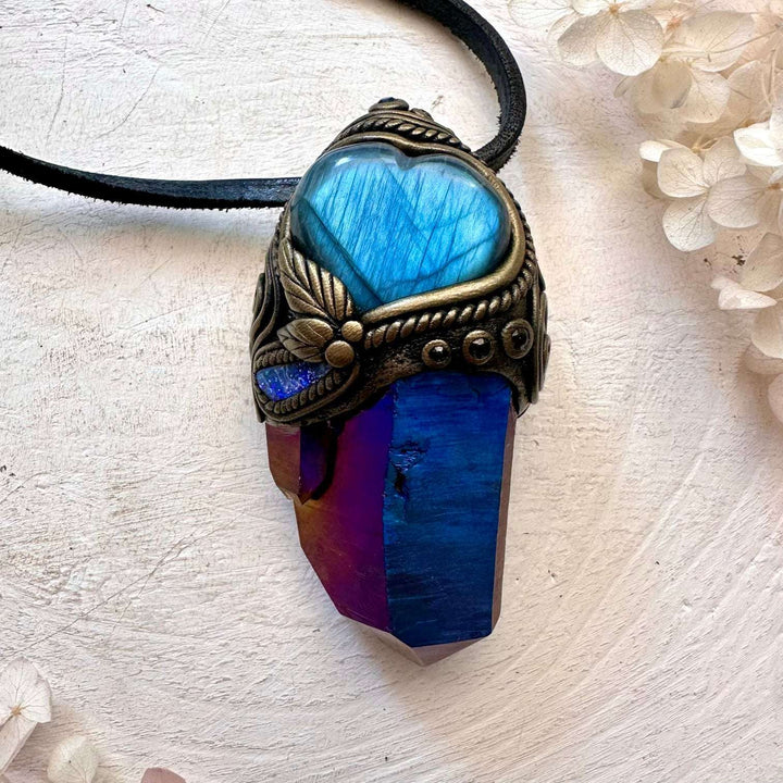 Cobalt Aura Quartz, Blue Labradorite Heart, Boulder Opal and Blue Sapphire Crystal Wand / Unique Crystal Pendant - FairyGardenGlow
