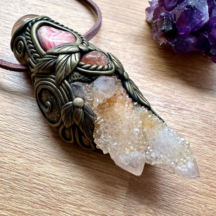 Spirit Quartz Smoky Quartz Rhodochroiste and Sunstone Crystal Talisman / Handmade Gemstone Wand-Pendant - FairyGardenGlow