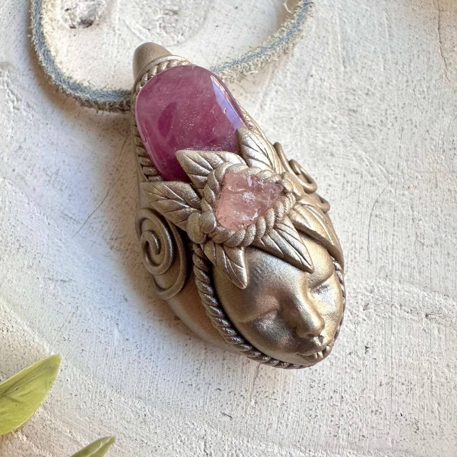 Protection amulet crystal necklace with lavender and rose quartz gemstones