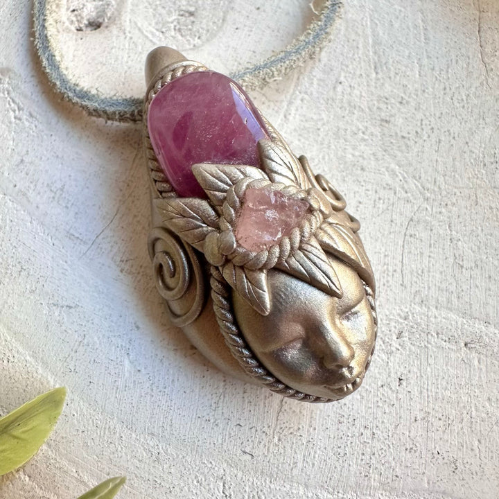 Protection amulet crystal necklace with lavender and rose quartz gemstones