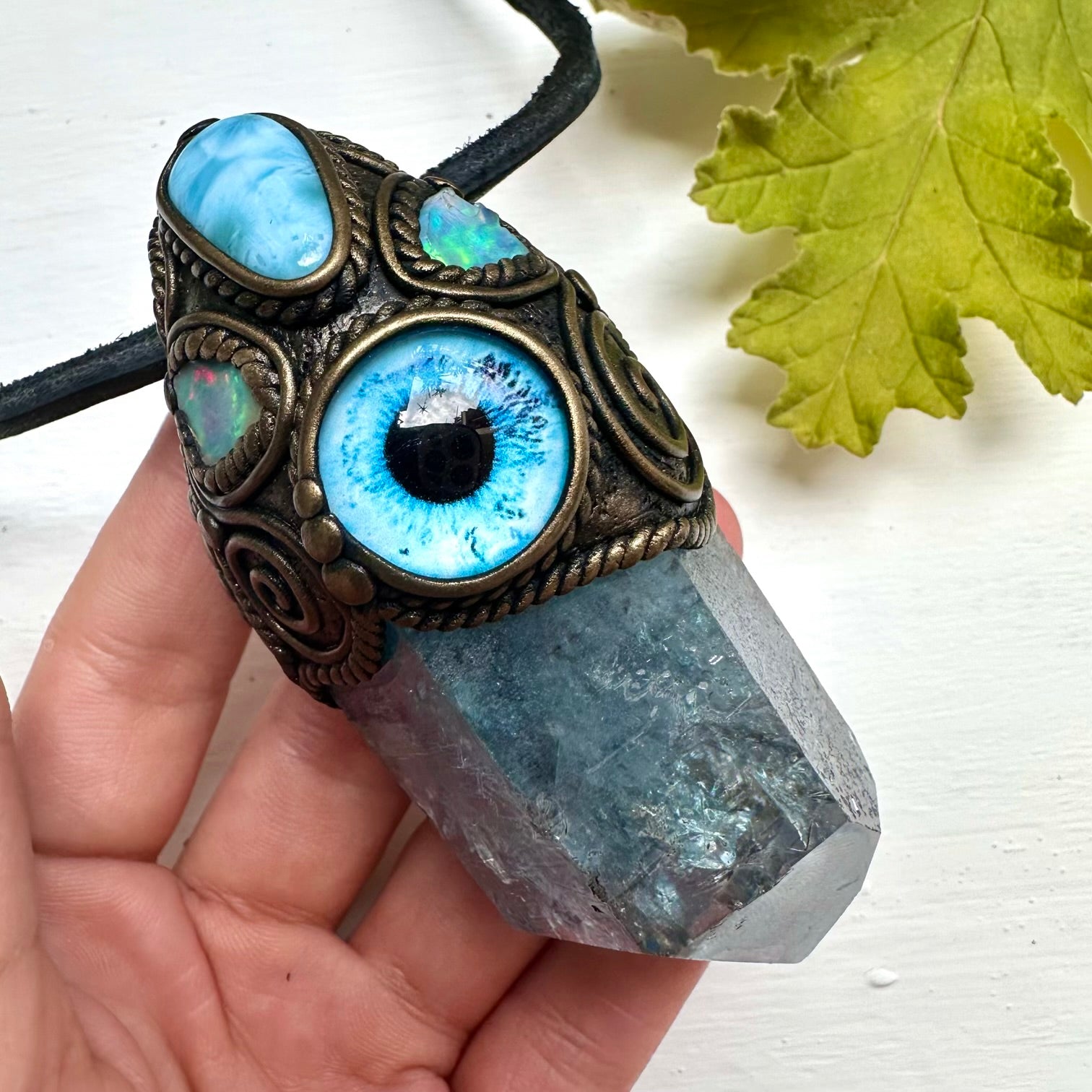 Aqua Aura Quartz Larimar and Raw Opal Eye Wand / Pendant - FairyGardenGlow