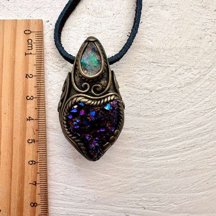 Cobalt Aura Quartz Cluster and Boulder Opal Pendant Necklace - FairyGardenGlow