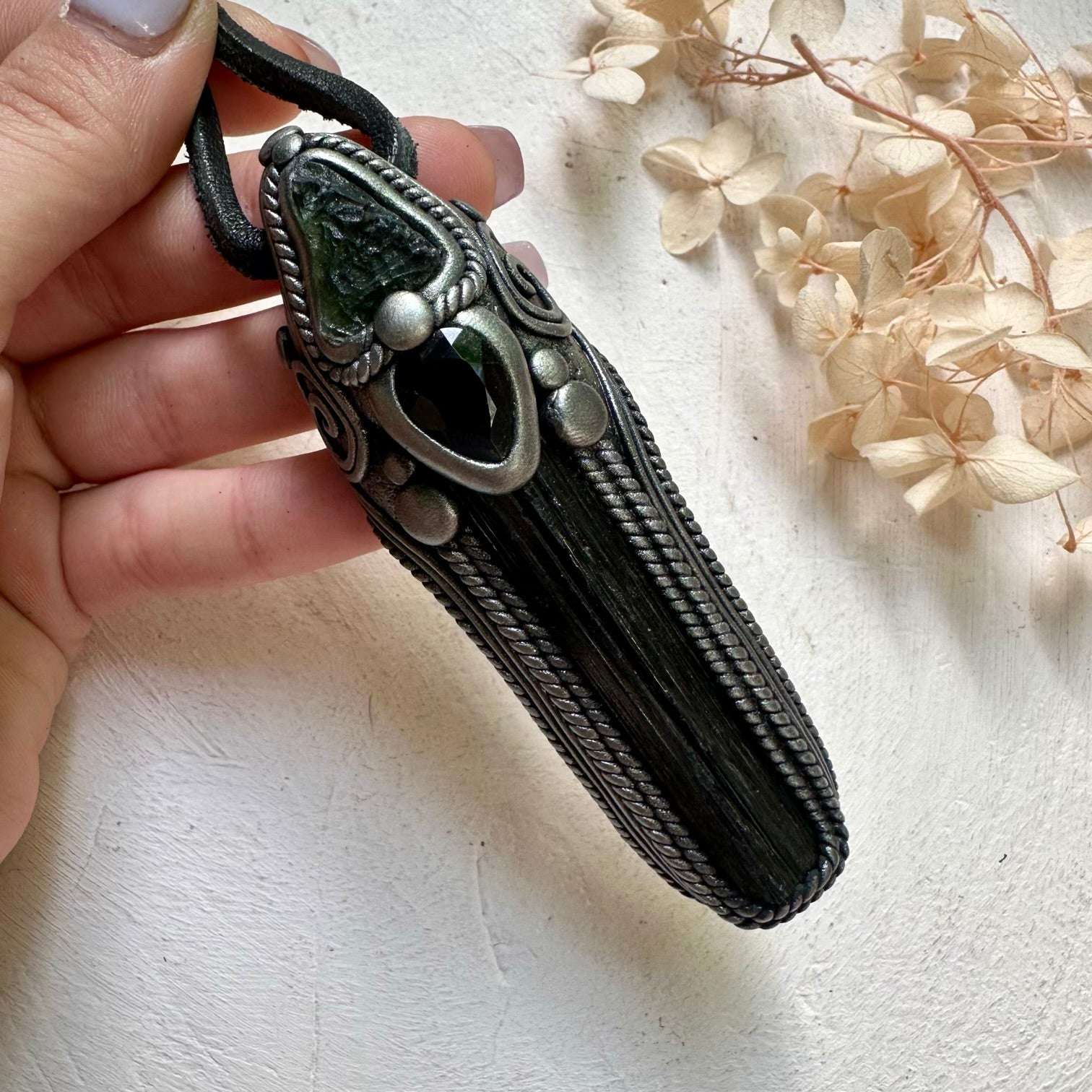 Black Tourmaline Moldavite and Smoky Quartz Wand / Pendant - FairyGardenGlow