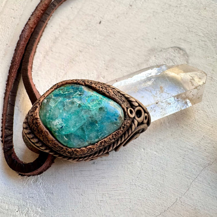 Healing crystal jewelry combining clear quartz and chrysocolla