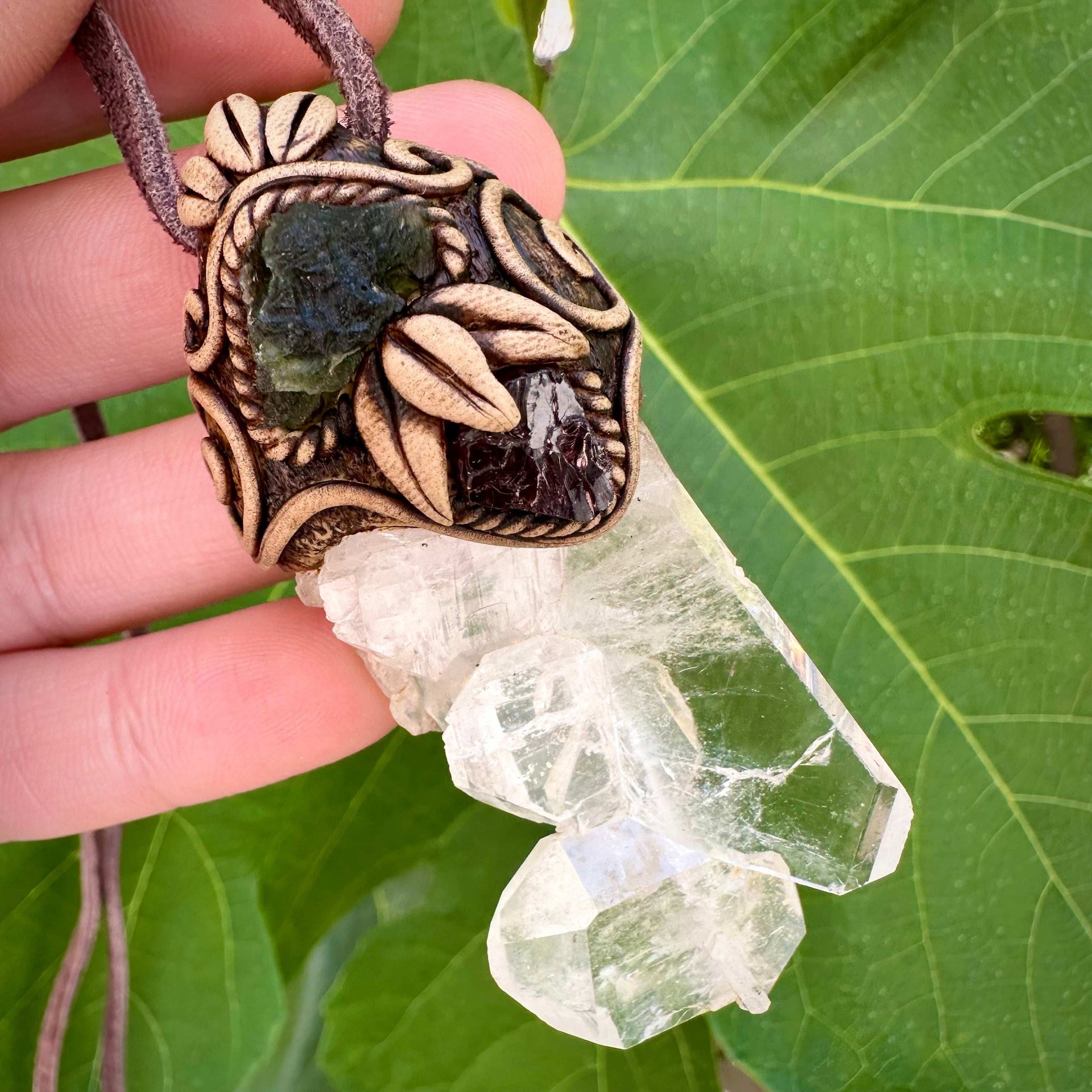 Faden Quartz Moldavite and Red Garnet Necklace - FairyGardenGlow