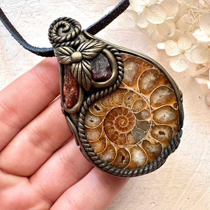 Ammonite Red Garnet and Orange Kyanite Pendant Necklace - FairyGardenGlow