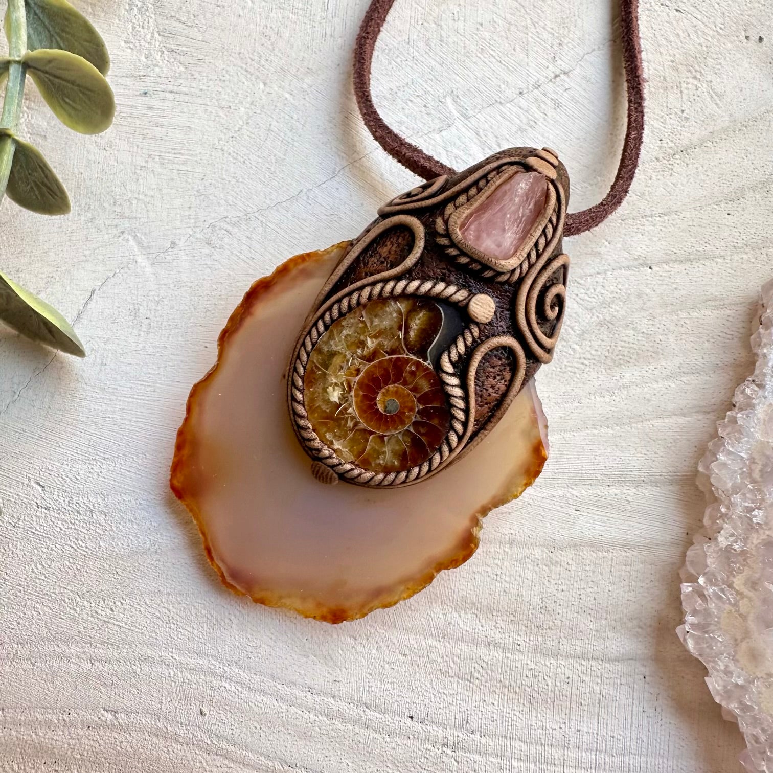Agate Slice Ammonite and Rose Quartz Necklace