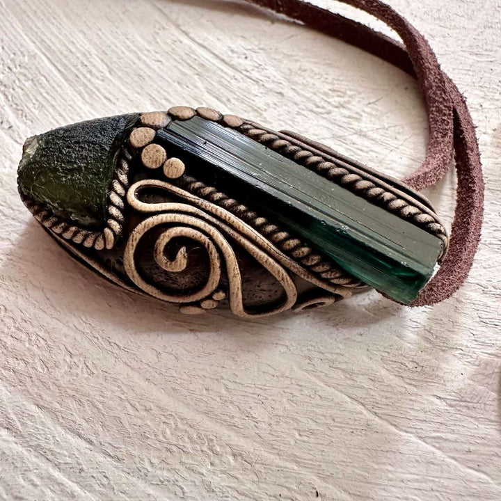 Green Tourmaline and Moldavite Pendant Necklace - FairyGardenGlow