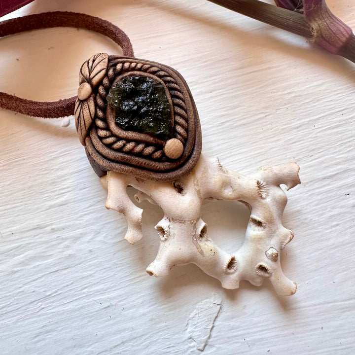 White Coral and Moldavite Pendant Necklace - FairyGardenGlow