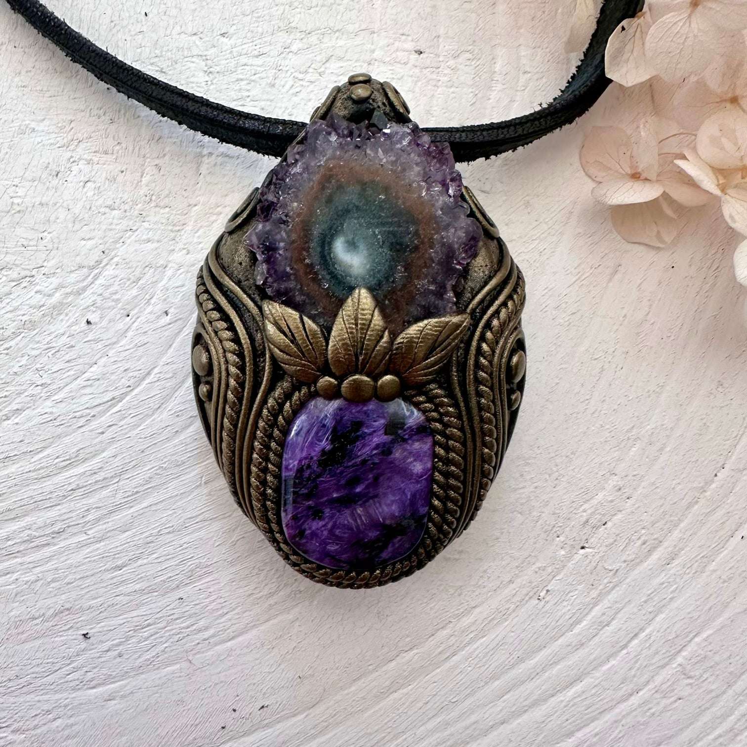 Charoite and Amethyst Stalactite Necklace - FairyGardenGlow