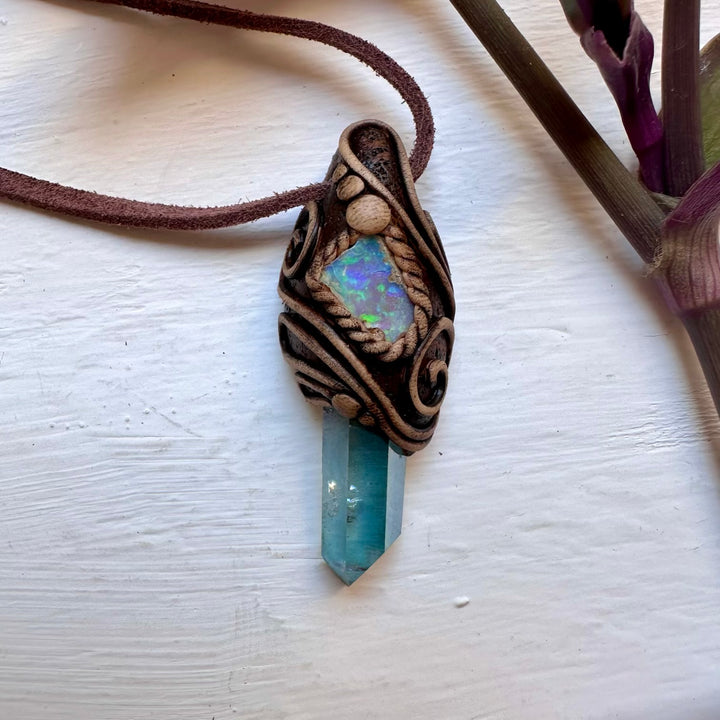 Aqua Aura Quartz and Raw Opal Necklace - FairyGardenGlow